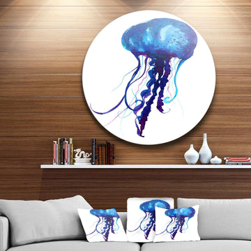 Dark Blue Jellyfish Watercolor - Animal Metal Circle Wall Art